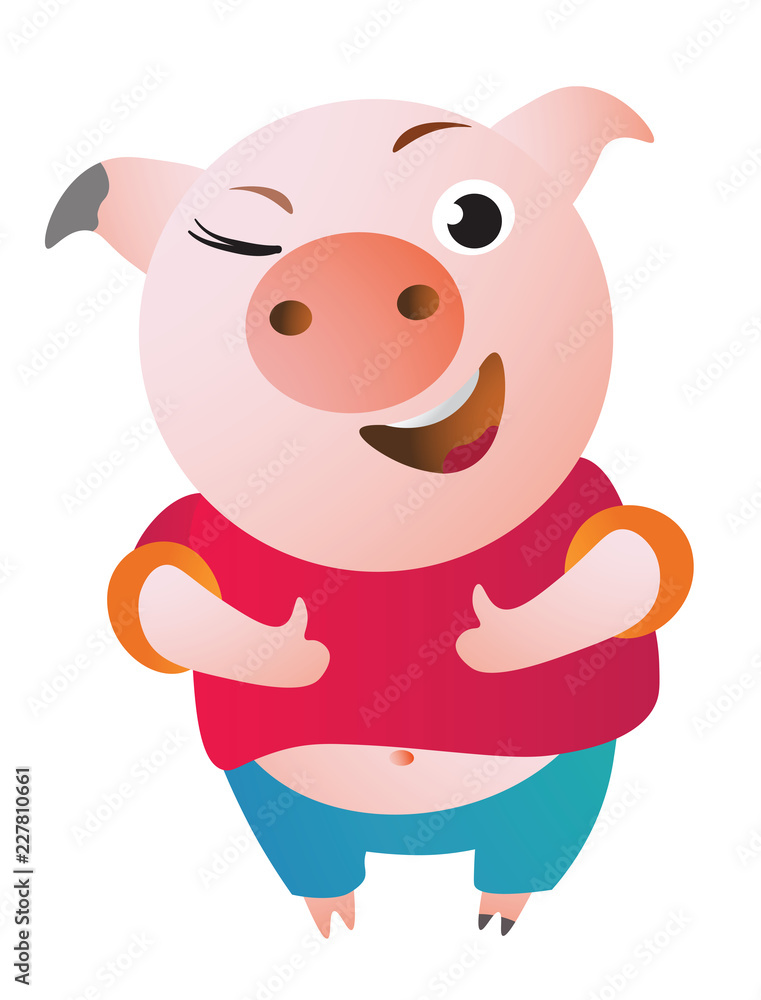 Cartoon Pig approves with thumb up and winks. Vector illustration. Symbol of the new year 2019 Isolated on transparent background. Excellent for the design of postcards, posters, stickers etc. Cartoon Pig approves with thumb up and winks. Vector illustration. Symbol of the new year 2019 Isolated on transparent background. Excellent for the design of postcards, posters, stickers etc.