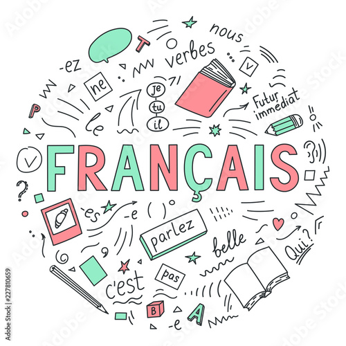 Francais. Translate: "French". Language education hand drawn doodles and lettering on white background. Vector illustration.