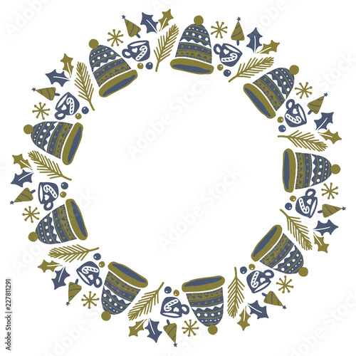 Christmas Hand Drawn Wreath with Round Frame for Cards Design Vector Layout with Copyspace Can be use for Decorative Kit, Invitations, Greeting Cards, Blogs, Posters, Merry X’mas and Happy New Year.