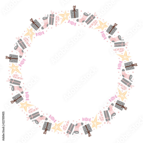 Christmas Hand Drawn Wreath with Round Frame for Cards Design Vector Layout with Copyspace Can be use for Decorative Kit, Invitations, Greeting Cards, Blogs, Posters, Merry X’mas and Happy New Year.