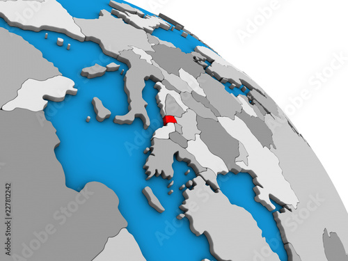 Montenegro on simple blue political 3D globe.