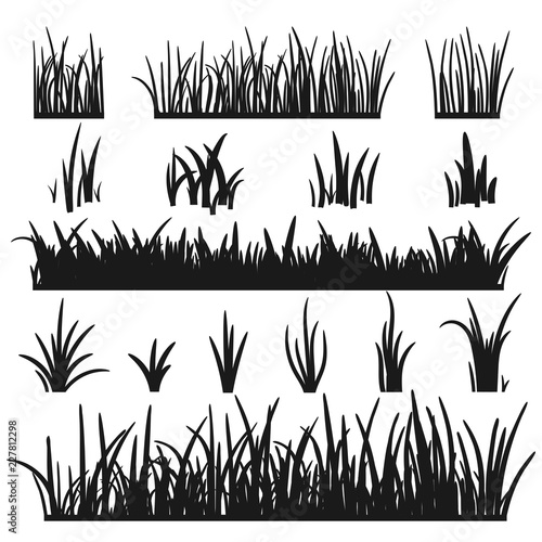 Set of black grass silhouettes isolated on white background. Grass heights design elements of nature. Template for design. Lawn vector illustration