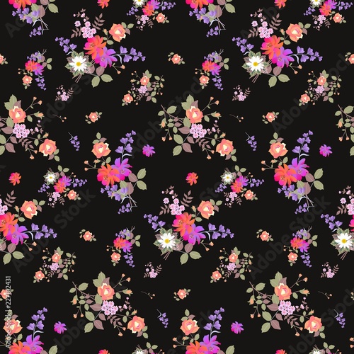 Seamless floral summer pattern with bouquets of roses, daisy, cosmos and bell flowers on black background. Print for fabric, wallpaper, wrapping design. Fabric for dresses.