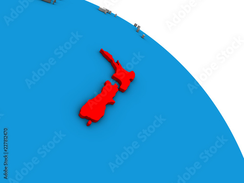 New Zealand on simple blue political 3D globe.