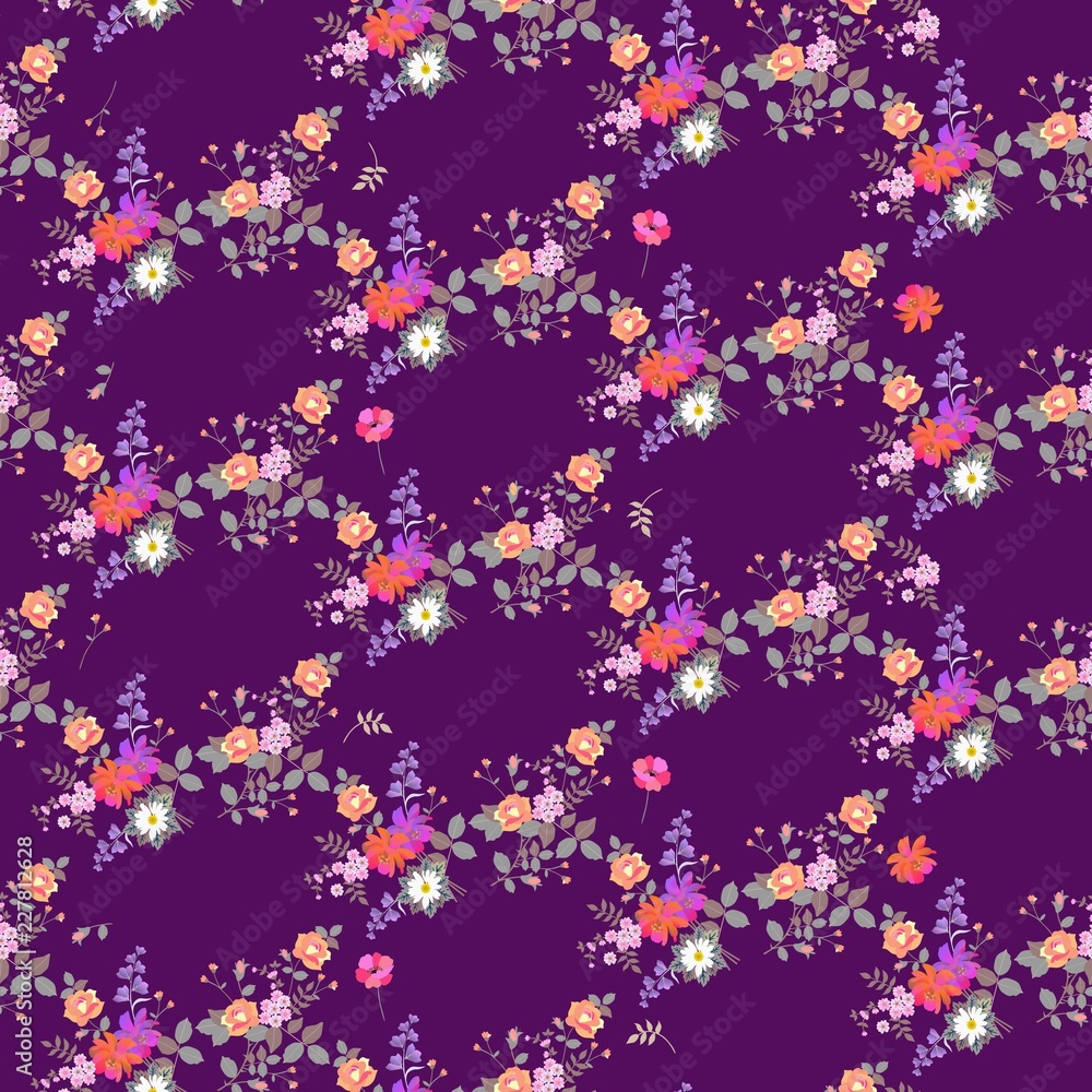 Floral seamless print for fabric. Bouquets of garden flowers isolated on purple background.