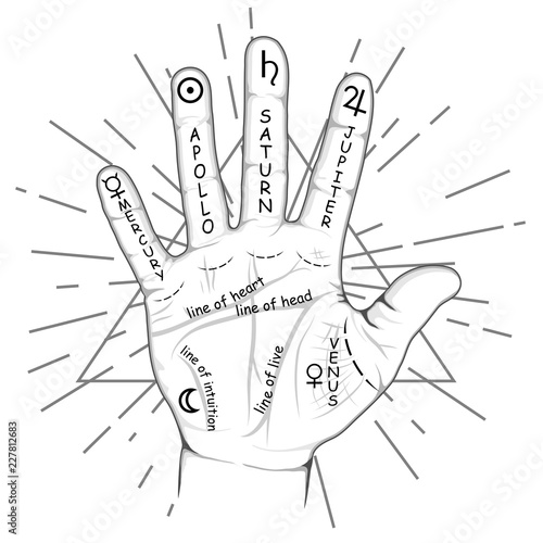 Palmistry or chiromancy hand with signs of the planets and zodiac signs. Palmistry map on open palm. Divination and prediction of the future. Mystic and occult hand drawn symbols. Vector illustartion