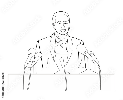 Business manager character making public presentation speech at tribune with microphone. Black vector illustration isolated on white background.