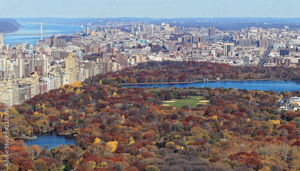 Fall colors of Central Park foliage in late afternoon. Aerial view toward Central Park West. Upper West Side, Manhattan, New York City