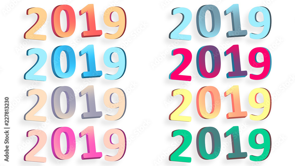 2019 retro signs. New Year. 2019 numbers isolated on white. Abstract shapes 3d. Retro colors. Year of Earth Pig. Winter holiday. Happy New Year. Vintage style illustration. 2019 retro signs. New Year. 2019 numbers isolated on white. Abstract shapes 3d. Retro colors. Year of Earth Pig. Winter holiday. Happy New Year. Vintage style illustration.