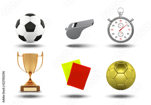 Soccer set of icons with referees objects, trophy, football ball, stopwatch, yellow and red card isolated on white background vector illustration.