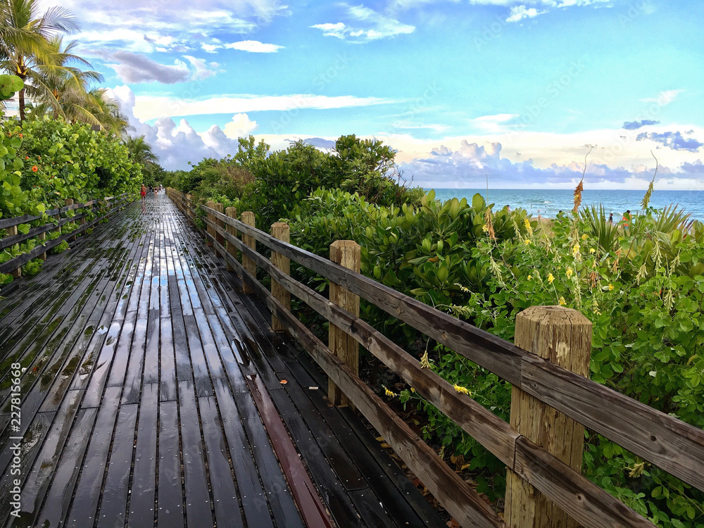 Miami beach, Florida, USA - July 16, 2016: Famous wooden walkway in Miami beach