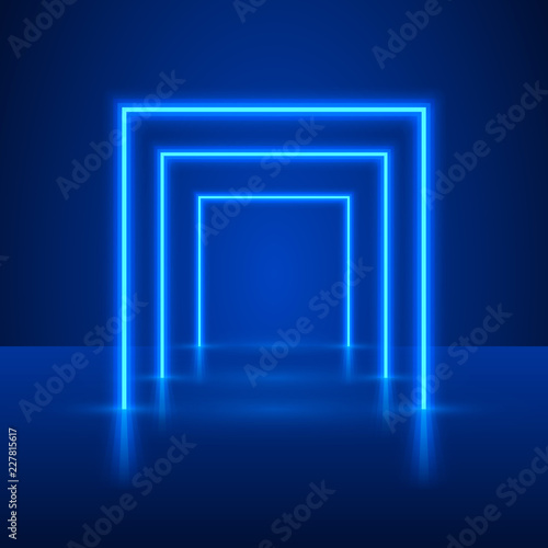 Neon show light podium blue background. Vector illustration