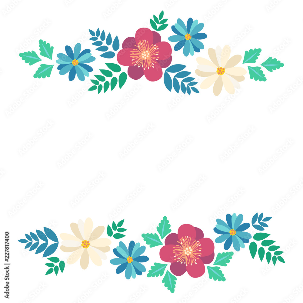 Spring typography poster with cute colorful flowers in flat style, isolated. Vector illustration for 8 March Woman's Day, Mother's Day, greeting cards, invitations. Flower frame with crocus, chamomile