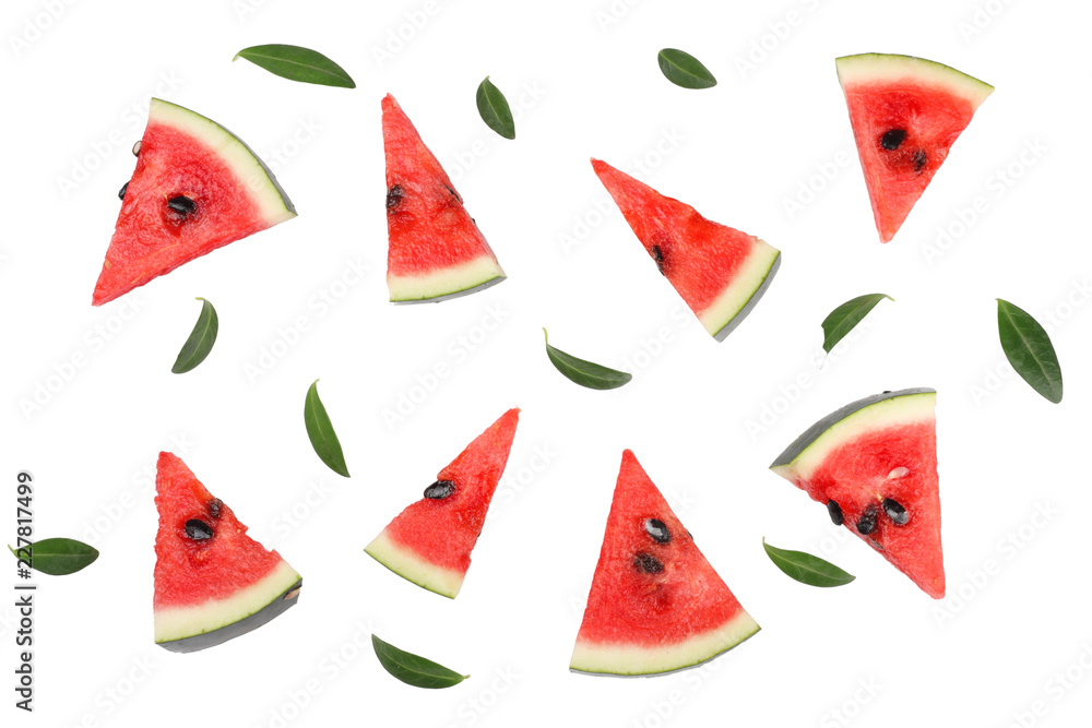 Sliced watermelon on white background. Flat lay, top view Sliced watermelon on white background. Flat lay, top view
