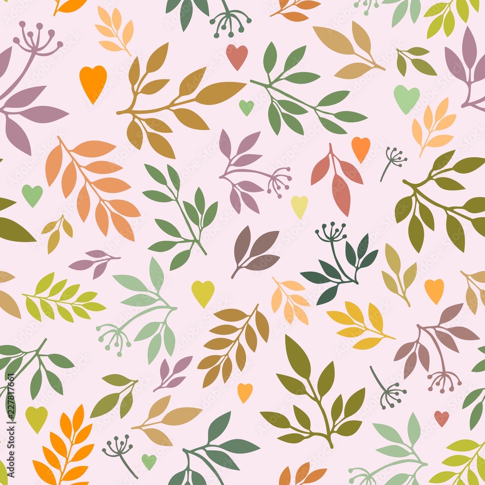 Seamless pattern with  leaves and hearts for fabric, textile, wrapping paper, card, invitation, wallpaper, web design, background. Elements isolated on background, editable details. 