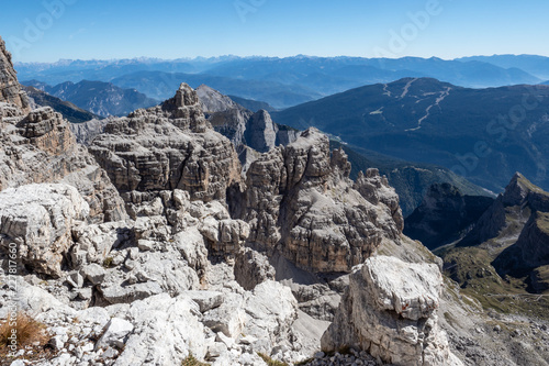 Panoramic view of famous Dolomites mountain peaks, Brenta. Trentino, Italy © Lubos Chlubny