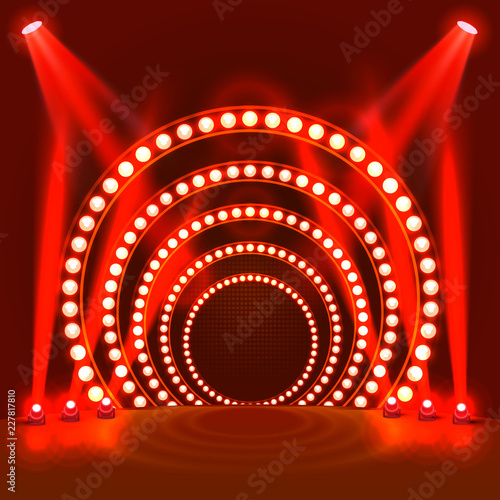 Show light podium red background. Vector illustration