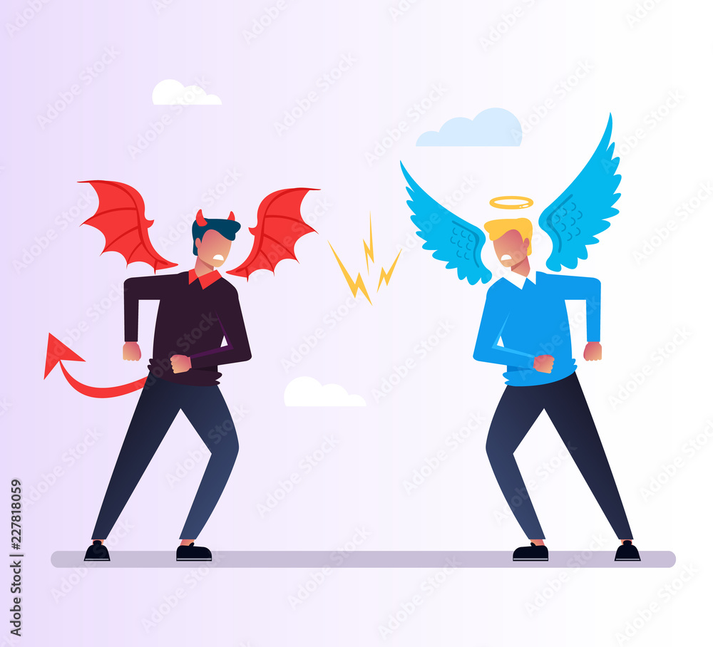 Angel and Devil character quarrels debate. God and evil conflict opposition  concept. Religion vector flat cartoon graphic design isolated illustration  Stock Vector | Adobe Stock