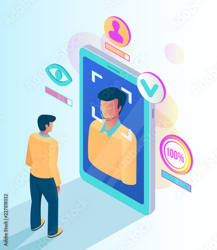 Facial recognition face ID system. Man character scanning app face on screen. Vector flat cartoon graphic design isolated illustration
