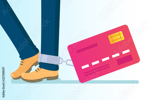 Big credit card tied to leg with chains. Money credit wealth dependance addiction. Vector flat cartoon isolated illustration