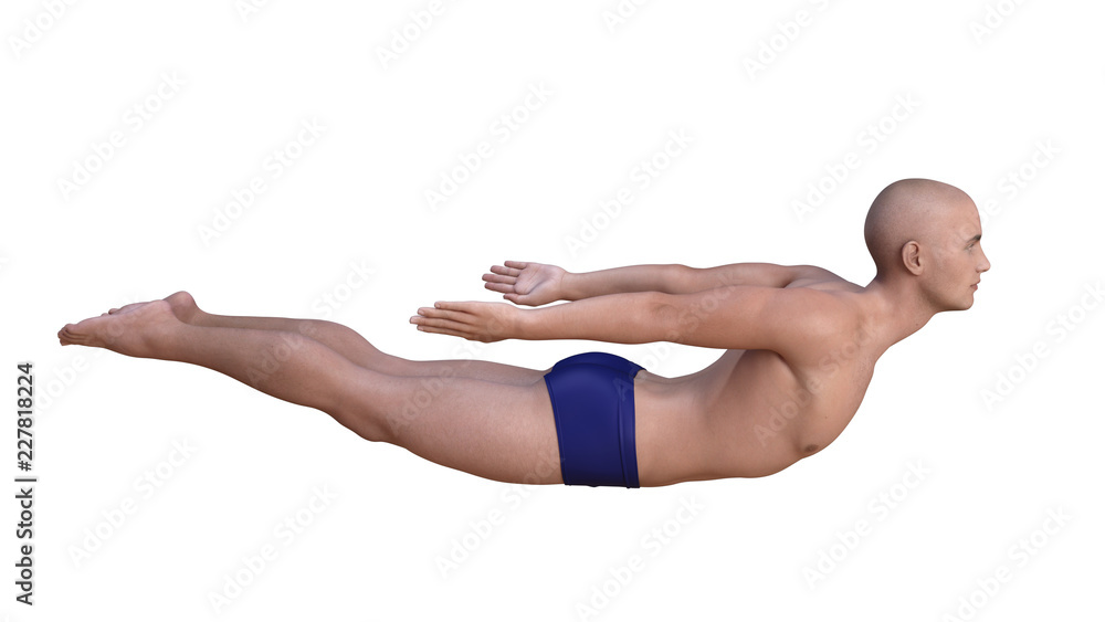 Yoga man in salabhasana or locust pose. Horizontal 3d render isolated on white.
