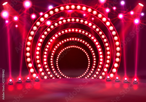 Show light podium red background. Vector illustration