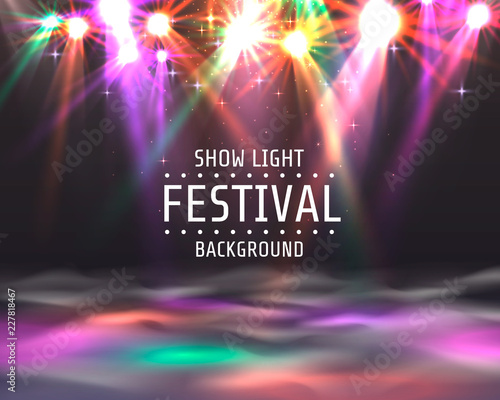 Fototapeta Festival show light, dance floor banner, disco text signboard. Vector illustration