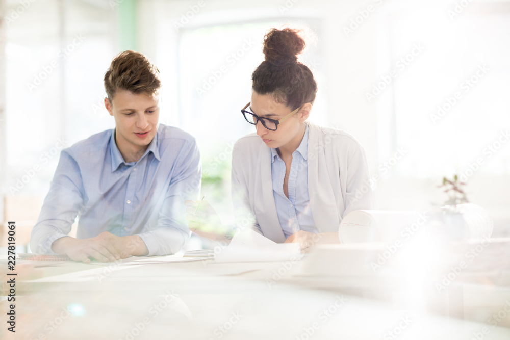 Fototapeta premium Two young analysts looking through documents and discussing data at working meeting