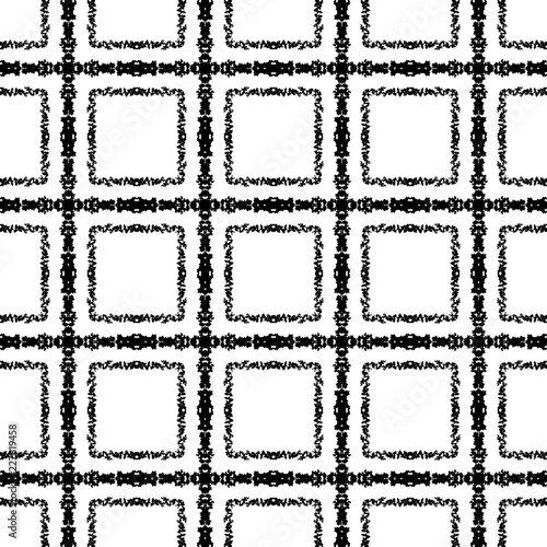 Checkered seamless pattern. Vector black and white grunge background. Striped grungy ornament with check shapes, lines, stripes, squares. Isolated design for table cloth, textile, fabric, prints.