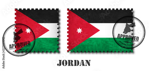 Jordan or Jordanian flag pattern postage stamp with grunge old scratch texture and affix a seal on isolated background . Black color country name with abrasion . Square and rectangle shape . Vector