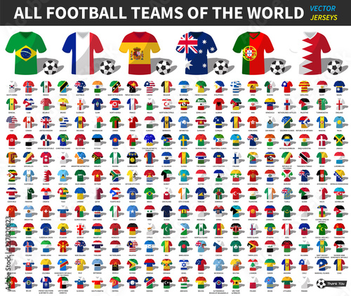Set of all national football or soccer team jersey of world . Nation flag mix with clothes style . Vector elements for sport cup international championship concept . Flat simple design . front view