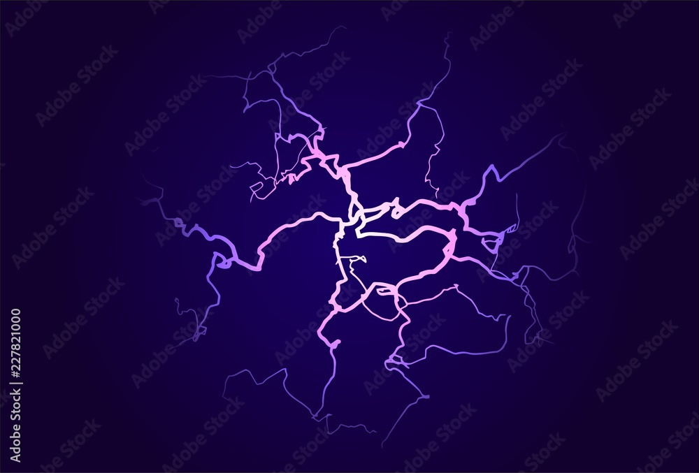 Lightning and bright light in energy ball with spherical plasma radiating electric rays. Vector illustration.