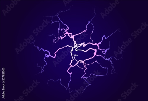 Lightning and bright light in energy ball with spherical plasma radiating electric rays. Vector illustration.