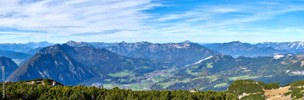 A Big panoramic photo of the Austrian alps and Dorf. Salzkammergut region.