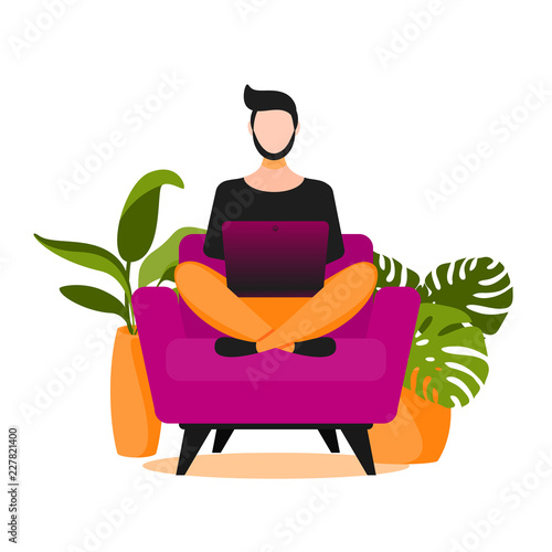 Concept of couchsurfing character. Man sitting on couch and chatting on social media with laptop.
