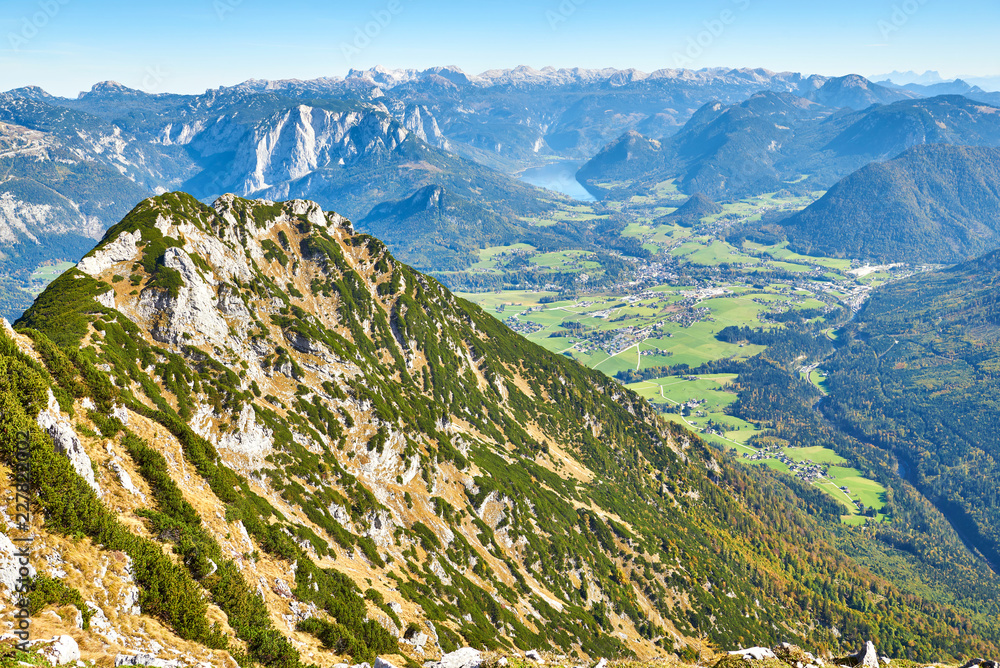 Mountain landscape at sunny day in Austrian Alps. Salzkammergut region.