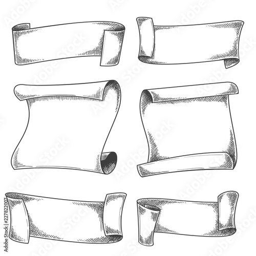 Sketch ribbons and scrolls. Vintage scroll banners isolated on white background, vector retro hand drawn blank antique swirls