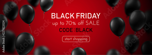 Black friday sale red promotion banner with black balloons.