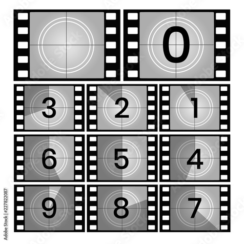Movie count. Retro film countdown frames, old cinema filmstrip count down slides vector illustration