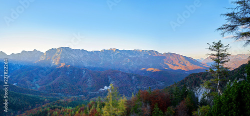 A Big panoramic photo of the Austrian alps. Salzkammergut region. View from Kalmberg. 