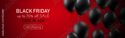 Black friday sale red promo banner with black balloons.