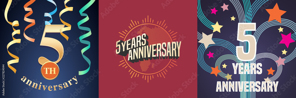5 years anniversary celebration set of vector icons, logo