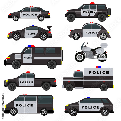 Police car vector emergency policy vehicle truck and suv automobile patrol and policemans motorcycle illustration set of police-officers transport and police-service auto isolated on white background