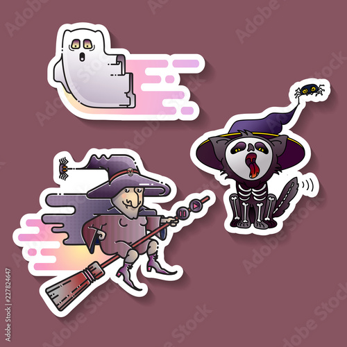  Halloween design. Colorful hag, spook and cat stickers. Vector.