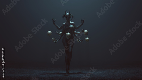 Sexy Multi-Armed Devil Woman with Floating Skulls in a foggy void 3d Illustration 3d render