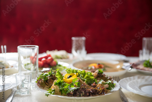 Catering in restaurant, delicious vegetable salad, Ukraine