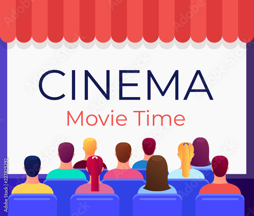 Many people sitting in cinema hall on chairs and watching movie film. Cinematograph banner poster concept. Vector flat cartoon graphic design back view illustration