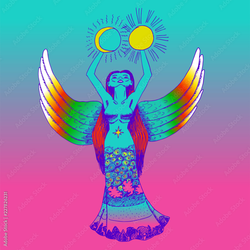 beautiful goddess with rainbow wings and long dress is holding sun and a mon
