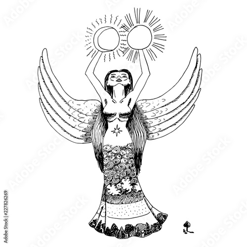 black and white beautiful goddess with wings and long dress is holding sun and mon