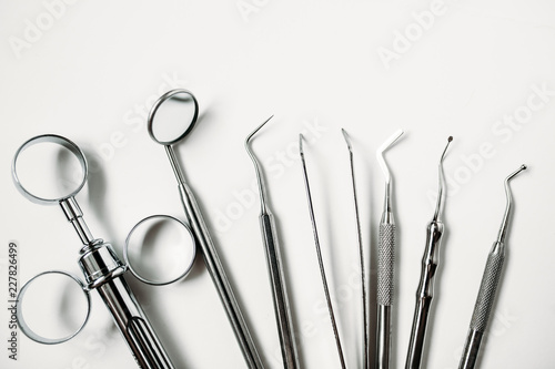 dental and endodontic restoration instruments on a white background. Top view